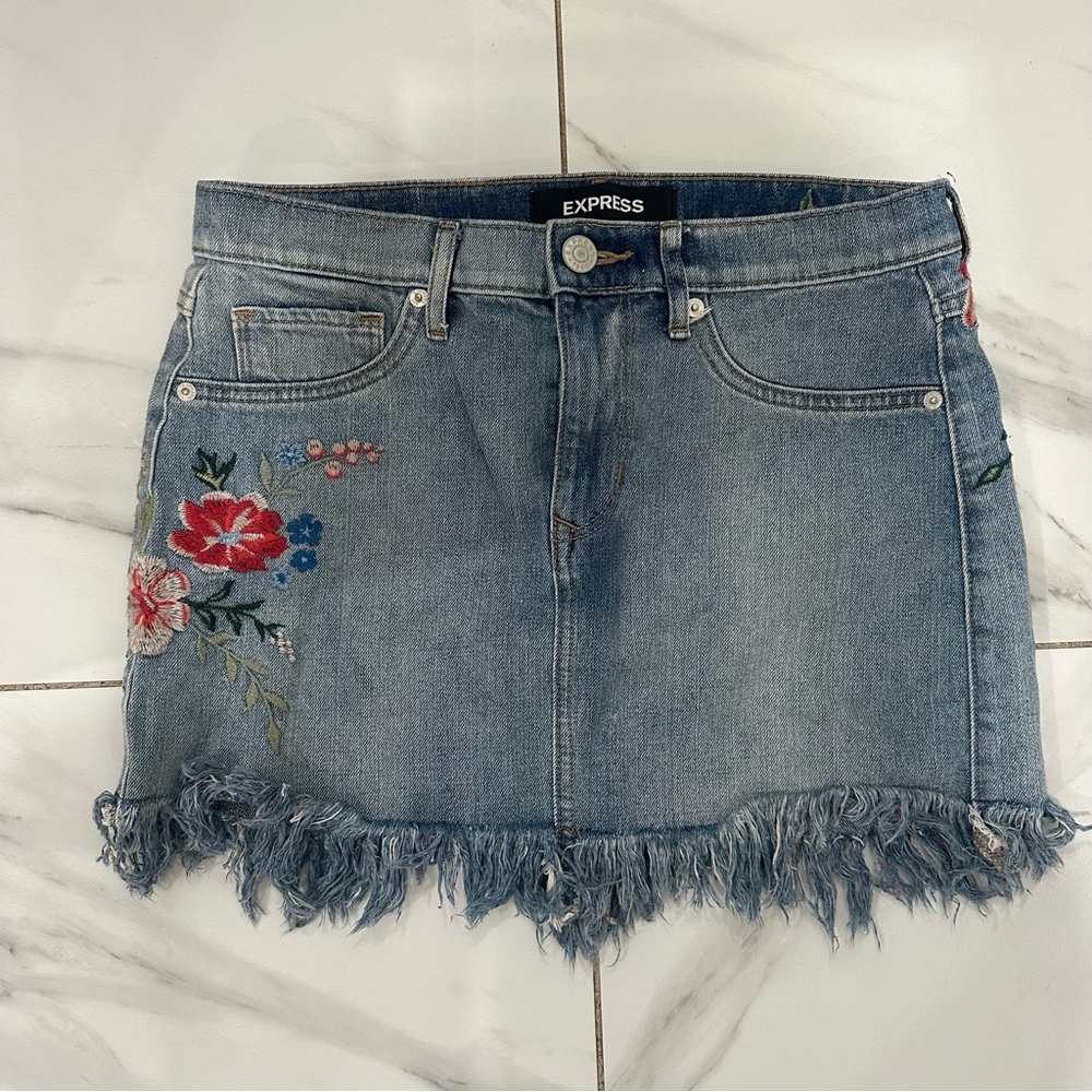 Express Light Blue Denim Mini Skirt with Floral Embroidery
